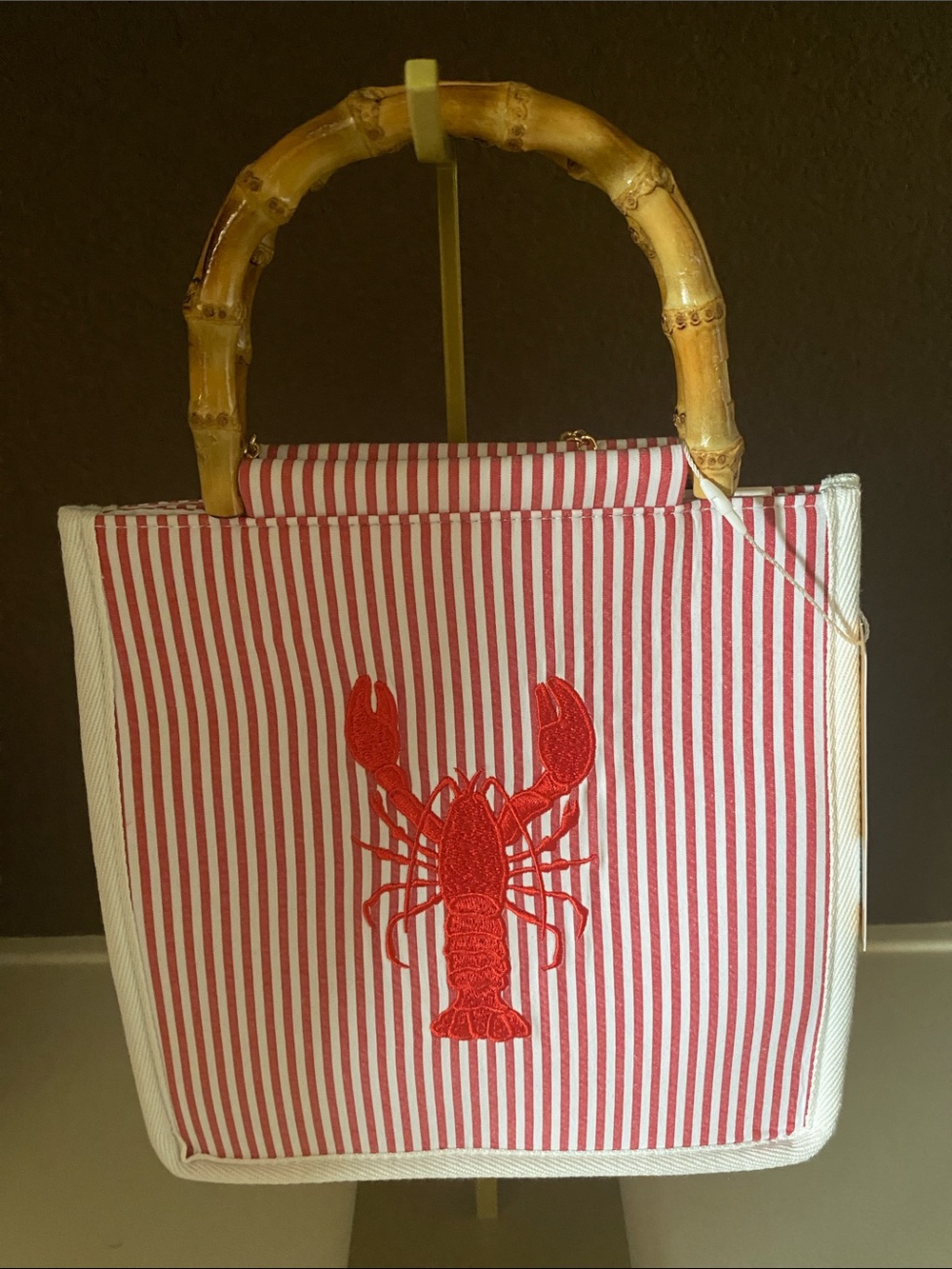 Tommy Bahama Red and White Striped Tote with Lobster Motif